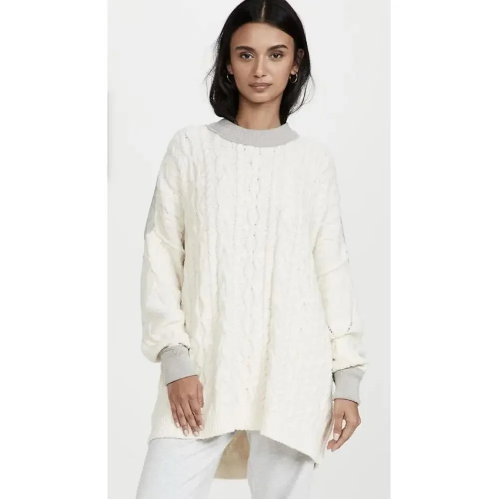 Free People‎ Olympia Tunic Sweater Cable Knit Oversized Comfy Boho White Gray S